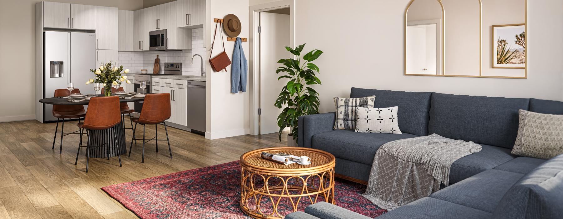 a living room with a couch and a table